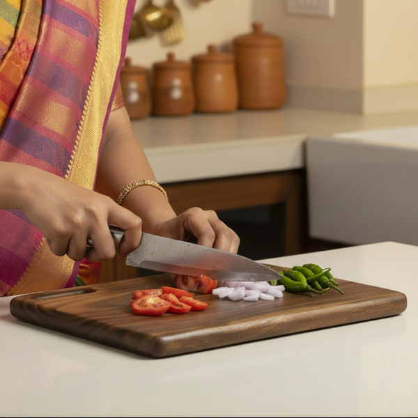 Wooden cutting board on a beige background