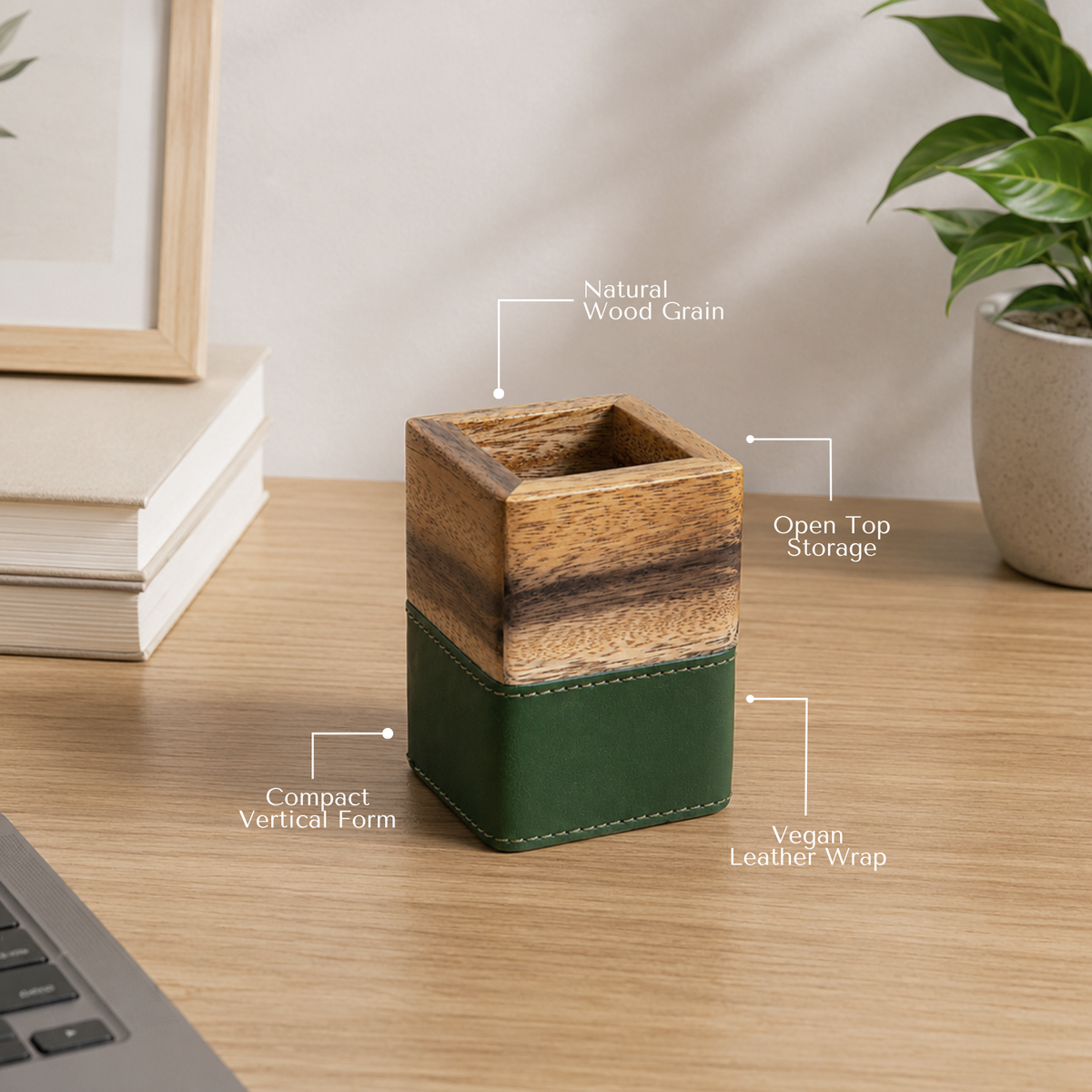 Syahi Wood & Vegan Leather Desk Organiser