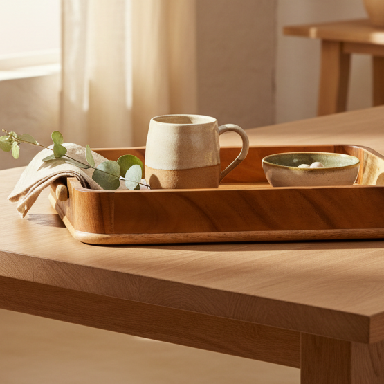 A rectangular wooden serving tray with a warm honey-brown finish, styled on a matching wooden table with a ceramic mug, a small bowl, and a folded napkin in a softly lit interior setting.