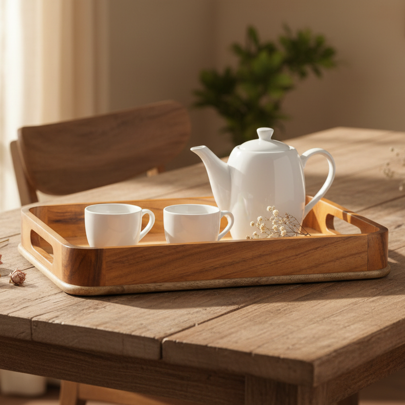 Wooden tray with marble-like surface on a beige background