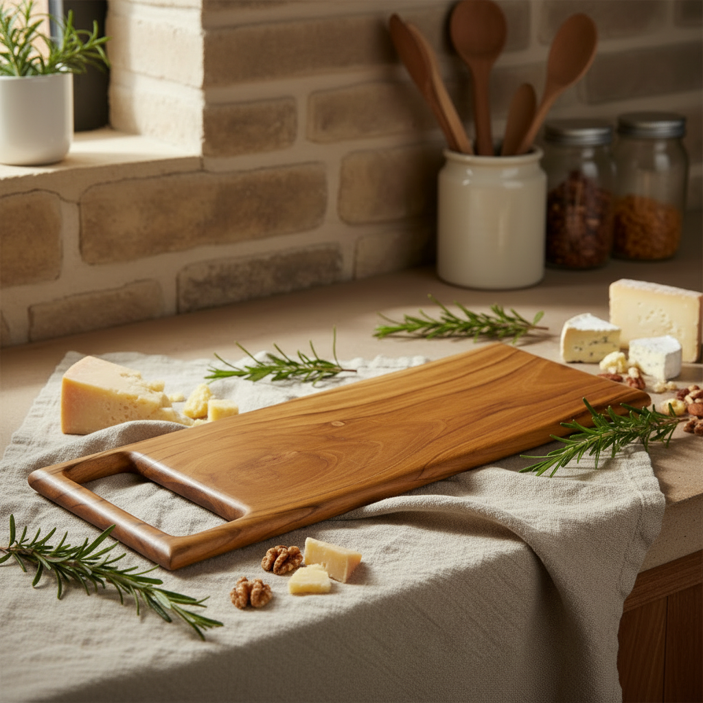 Wooden cutting board on a kitchen counter with cheese, nuts, and herbs.