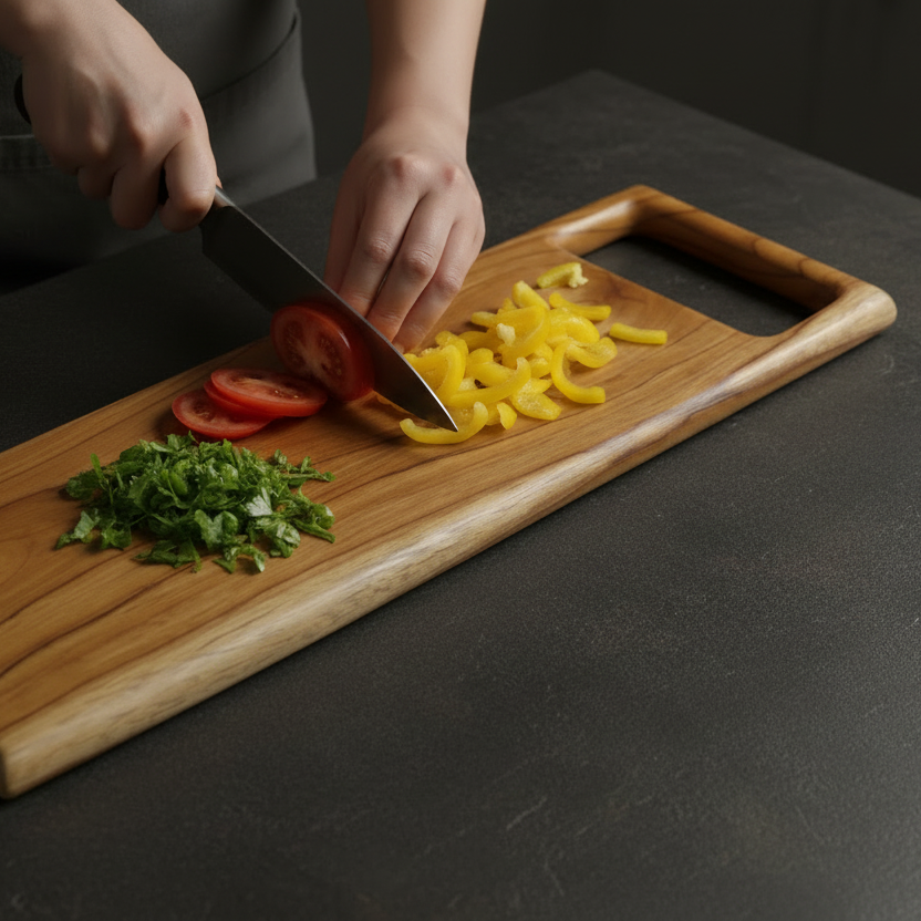 Person cutting vegetables on a wooden cutting board with a knife.