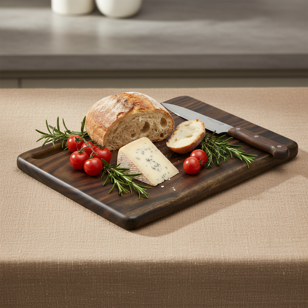Wooden cutting board on a beige background