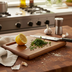 Wooden cutting board on a beige background