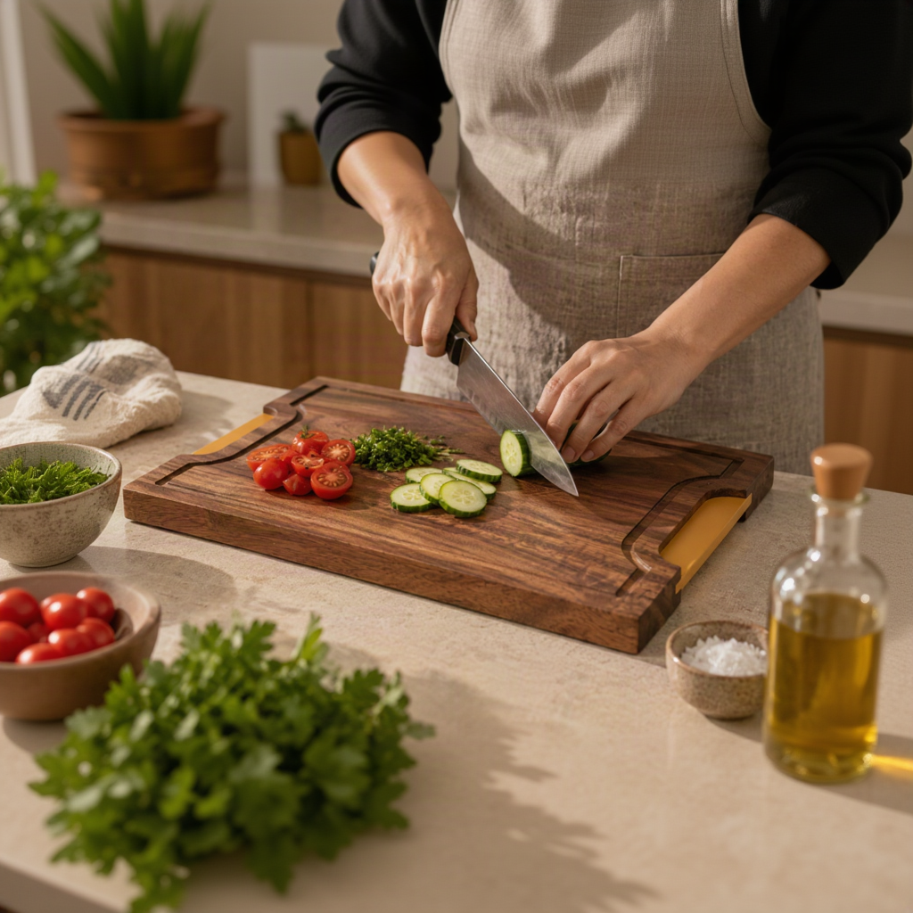 Metal Handle Wooden thick Chopping Board - Kavaṭa