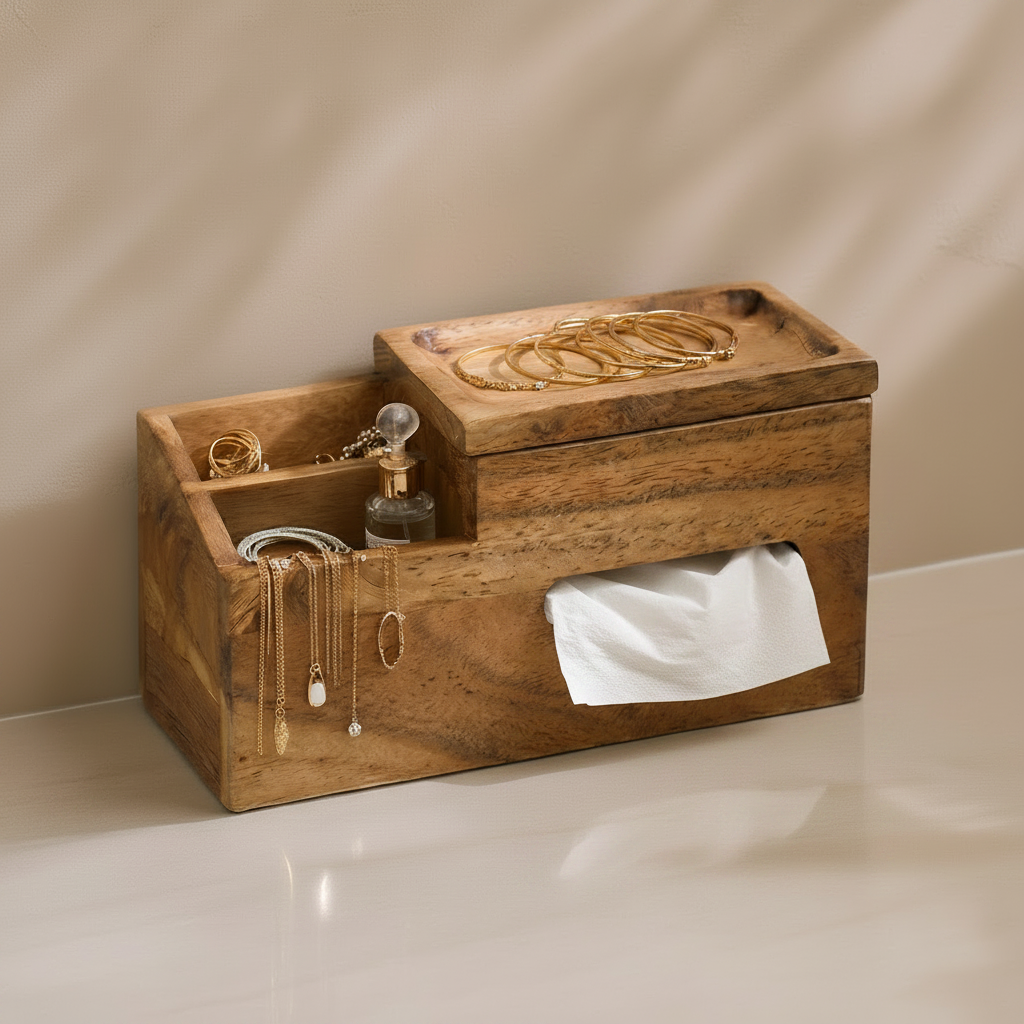Wooden jewelry organizer with necklaces, bracelets, and a perfume bottle on a neutral background