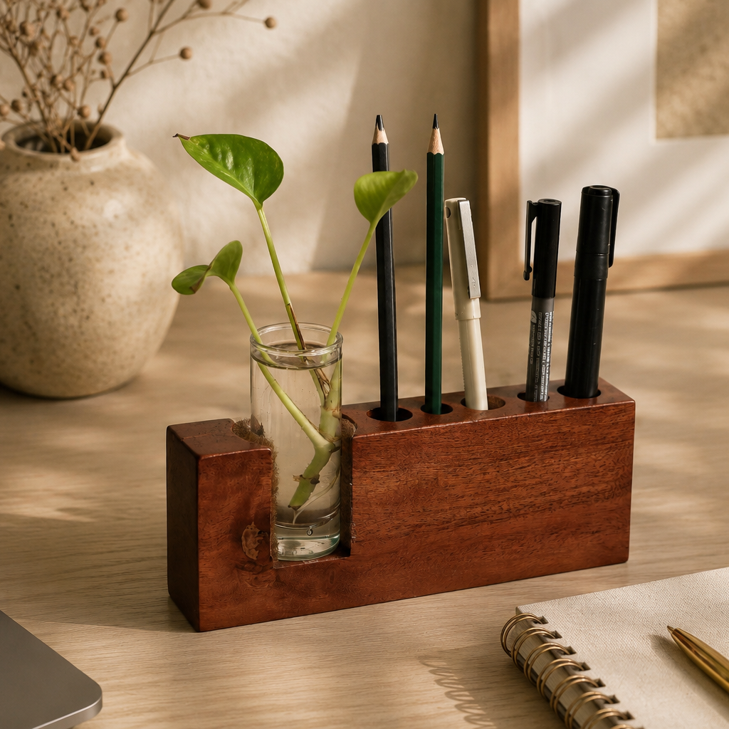 A rectangular wooden desk organizer with a glass water培 plant holder and pen slots, styled on a warm wood desk with a laptop, notebook, and vase in the background.