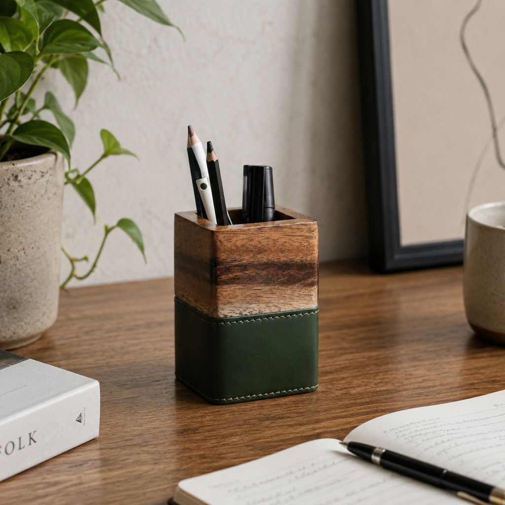 Lekhana Wood & Vegan Leather Desk Organiser