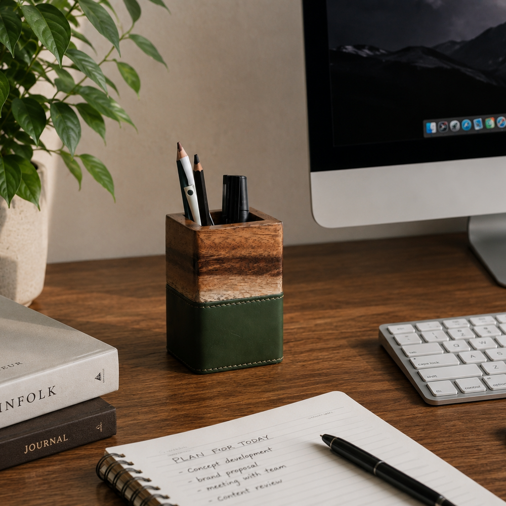 Lekhana Wood & Vegan Leather Desk Organiser