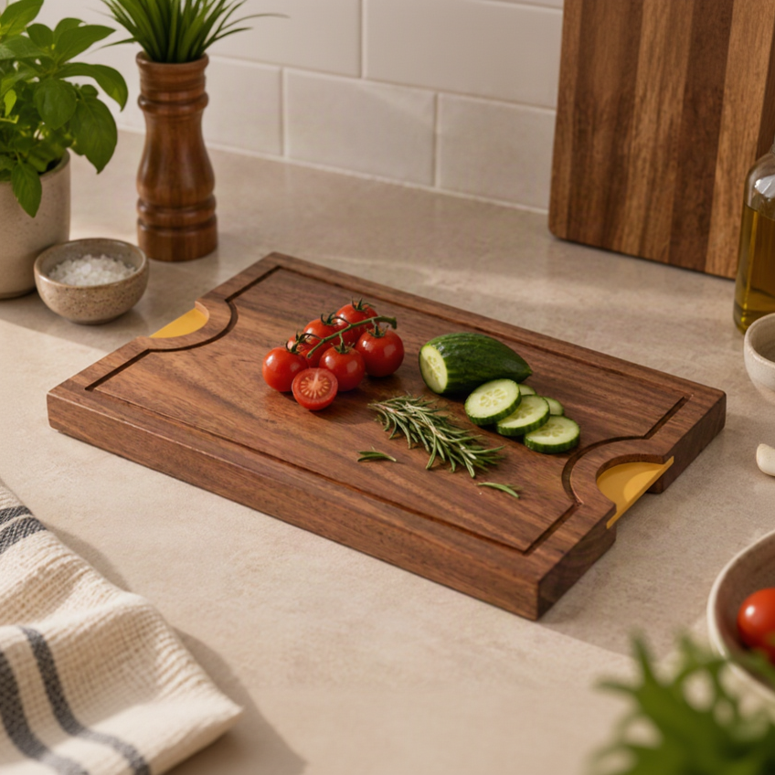Metal Handle Wooden thick Chopping Board - Kavaṭa