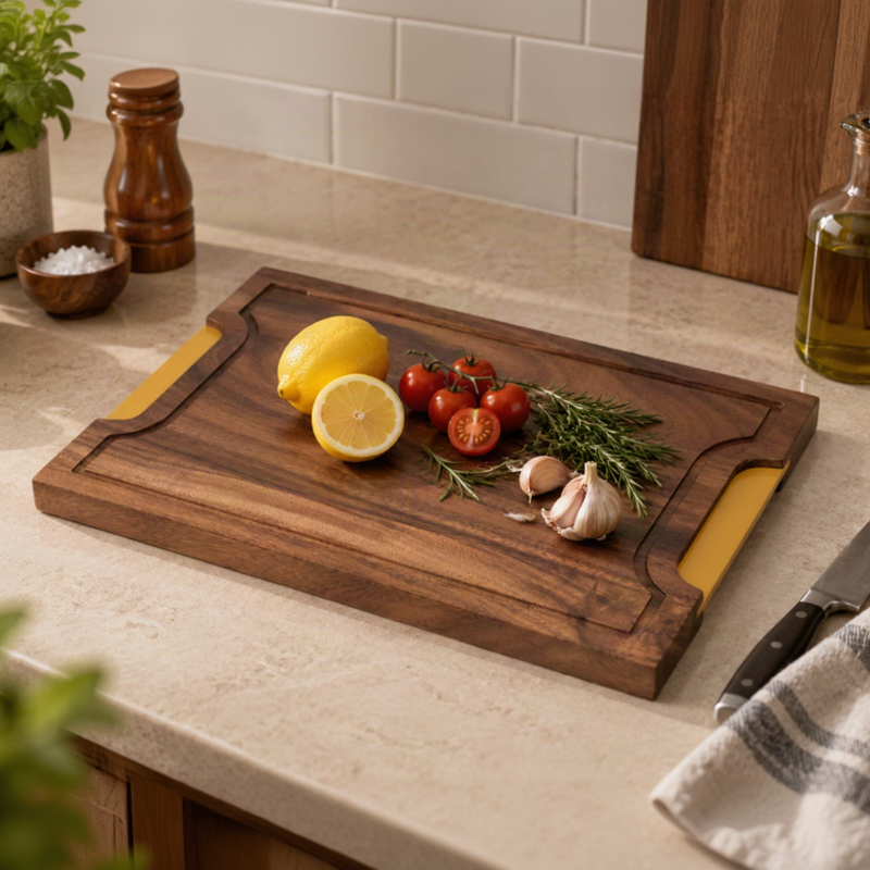 Metal Handle Wooden thick Chopping Board - Kavaṭa