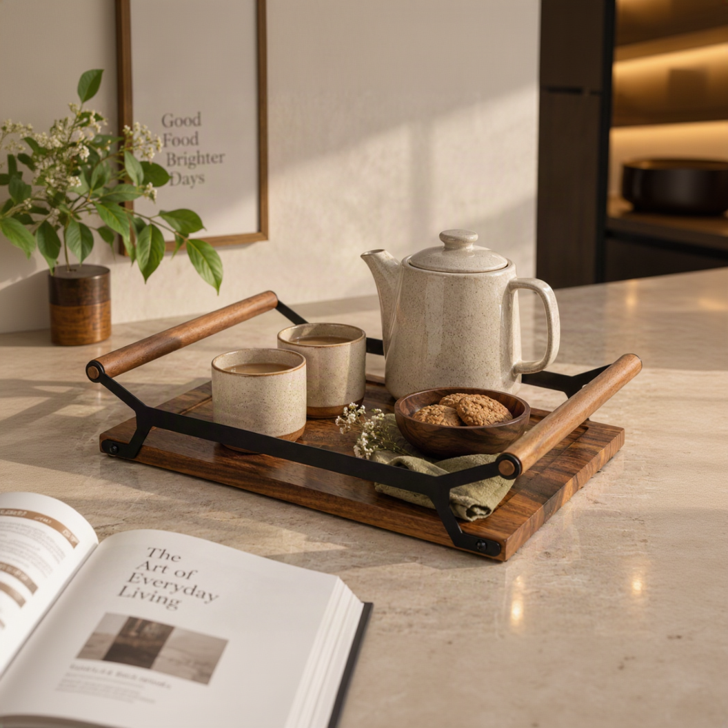 A wooden serving tray with black metal frame and light wood handles, styled on a marble countertop with a ceramic teapot, two cups, a small bowl of cookies, and a folded green cloth. The scene is set in a warm, modern kitchen environment.