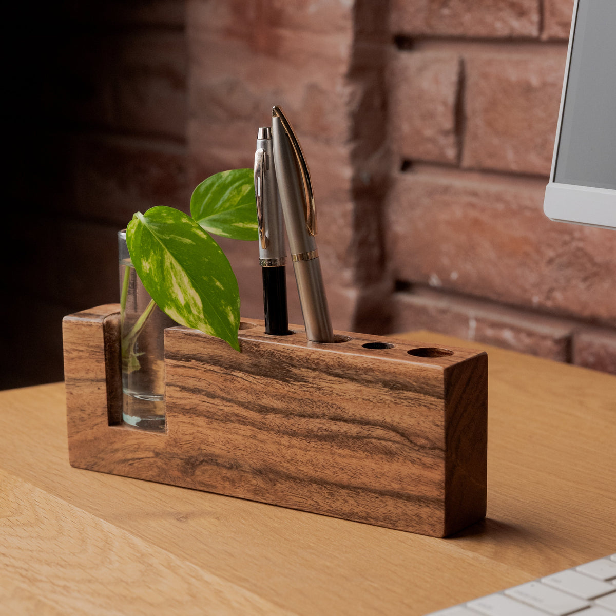 Sañcaya Wood Desk Organizer with Glass Planter