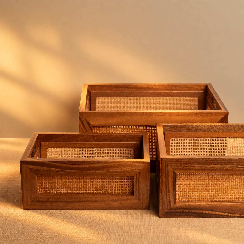 Wooden Storage Basket with Rattan Cane- Kosh
