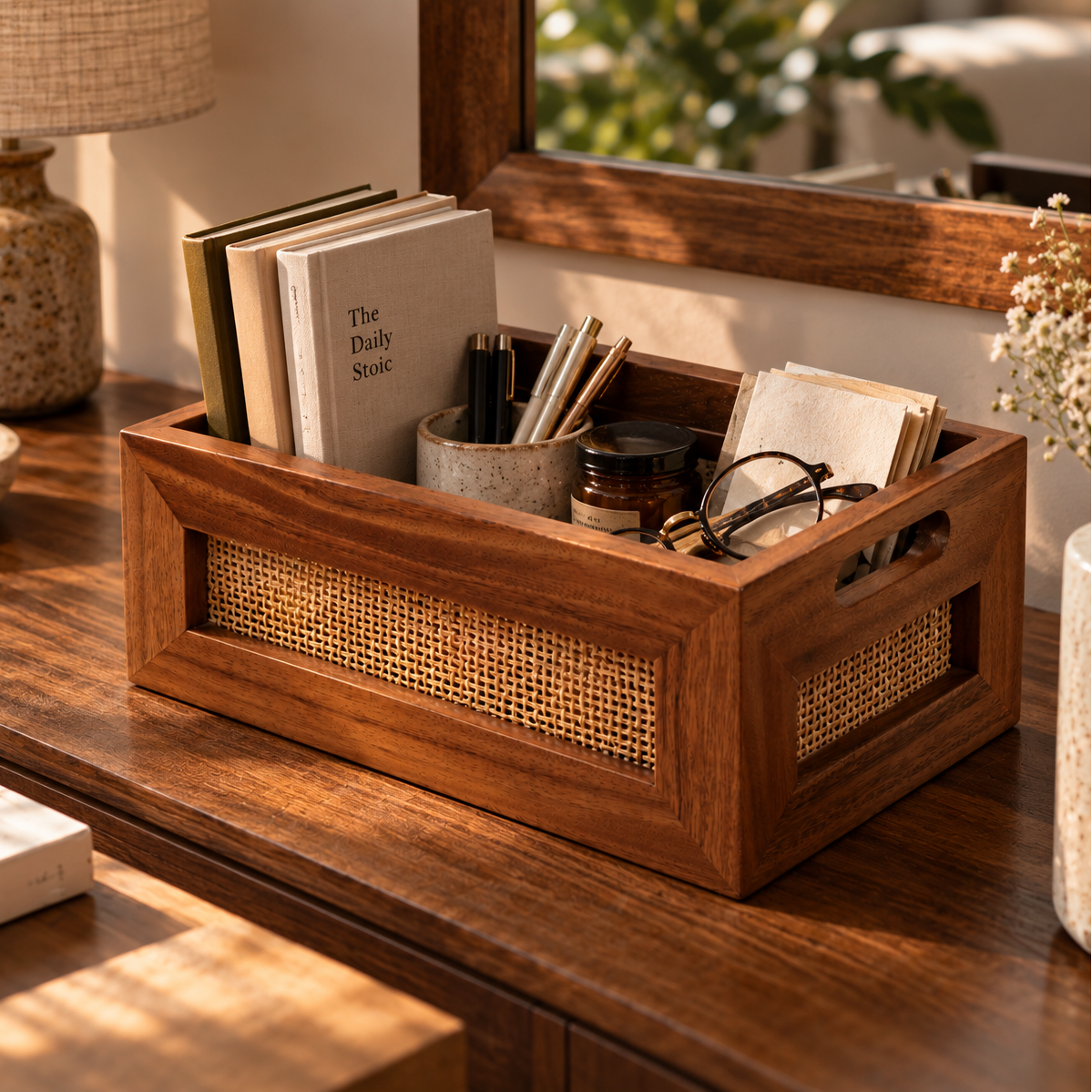 A rectangular wooden organizer tray with woven cane panels sits on a wooden table in a styled home office setting, holding notebooks, pens, and small accessories.