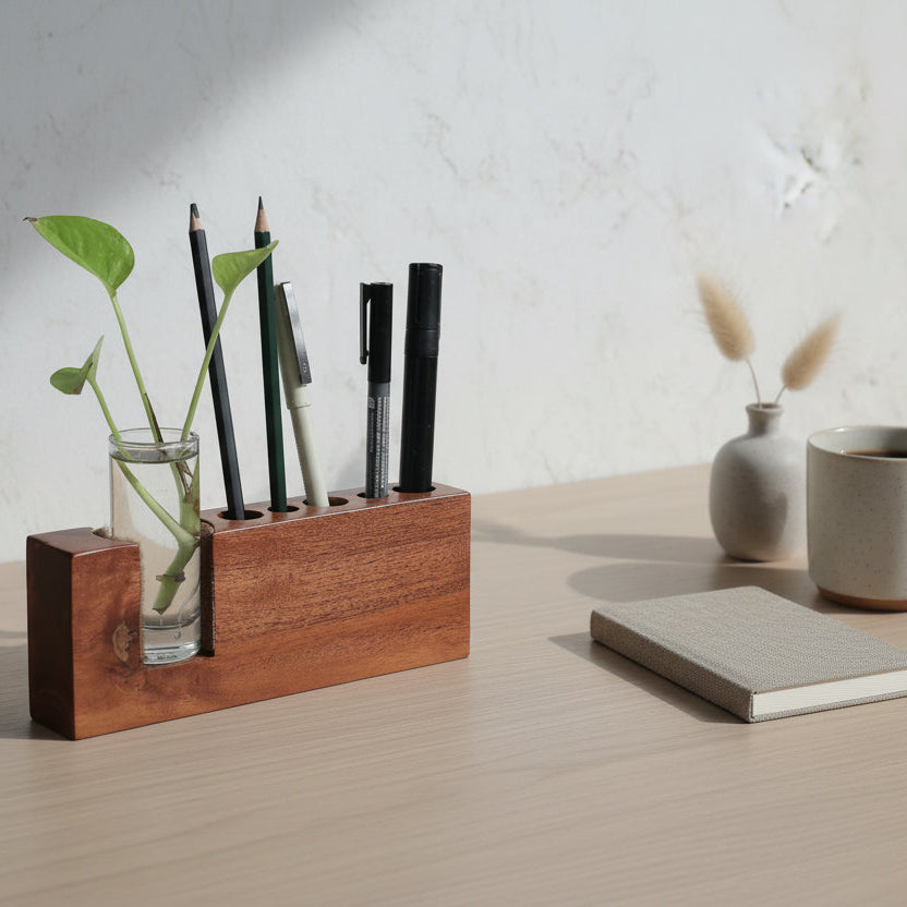 Sañcaya Wood Desk Organizer with Glass Planter