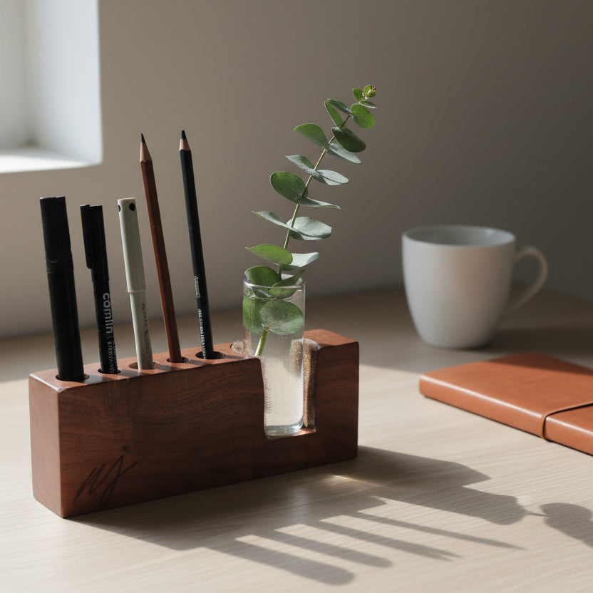 Sañcaya Wood Desk Organizer with Glass Planter