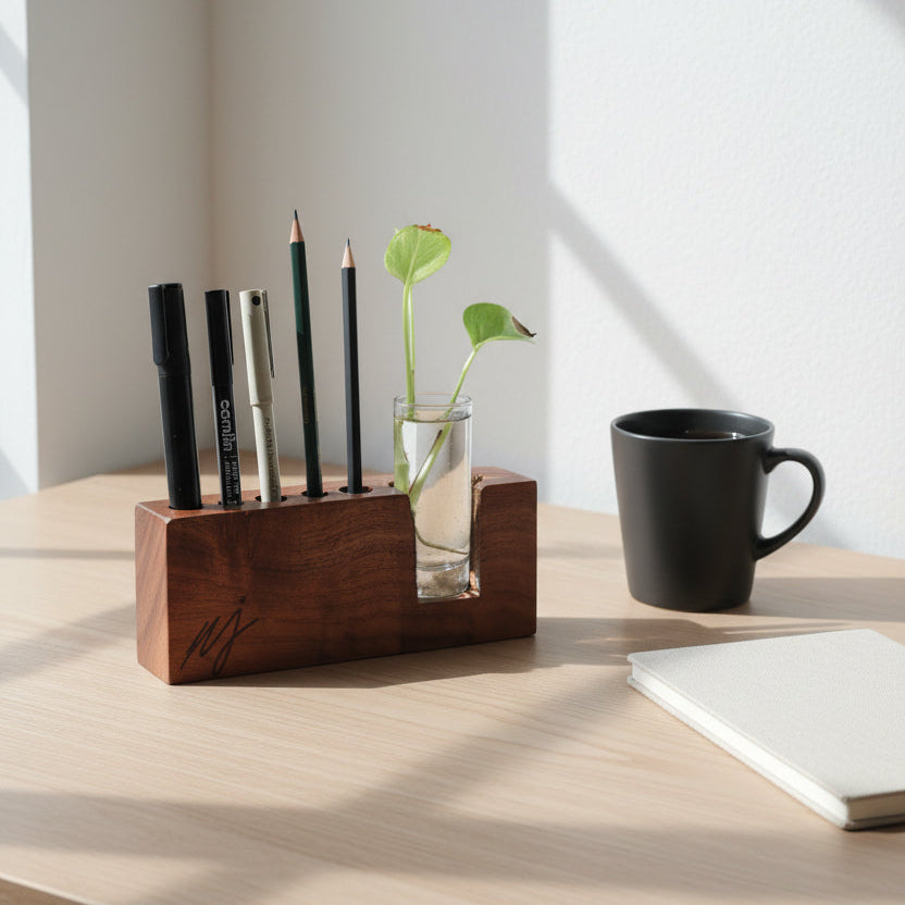 Sañcaya Wood Desk Organizer with Glass Planter