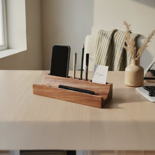 A dark brown wooden desk organizer holding a smartphone, pens, a pencil, and a business card on a light gray surface.