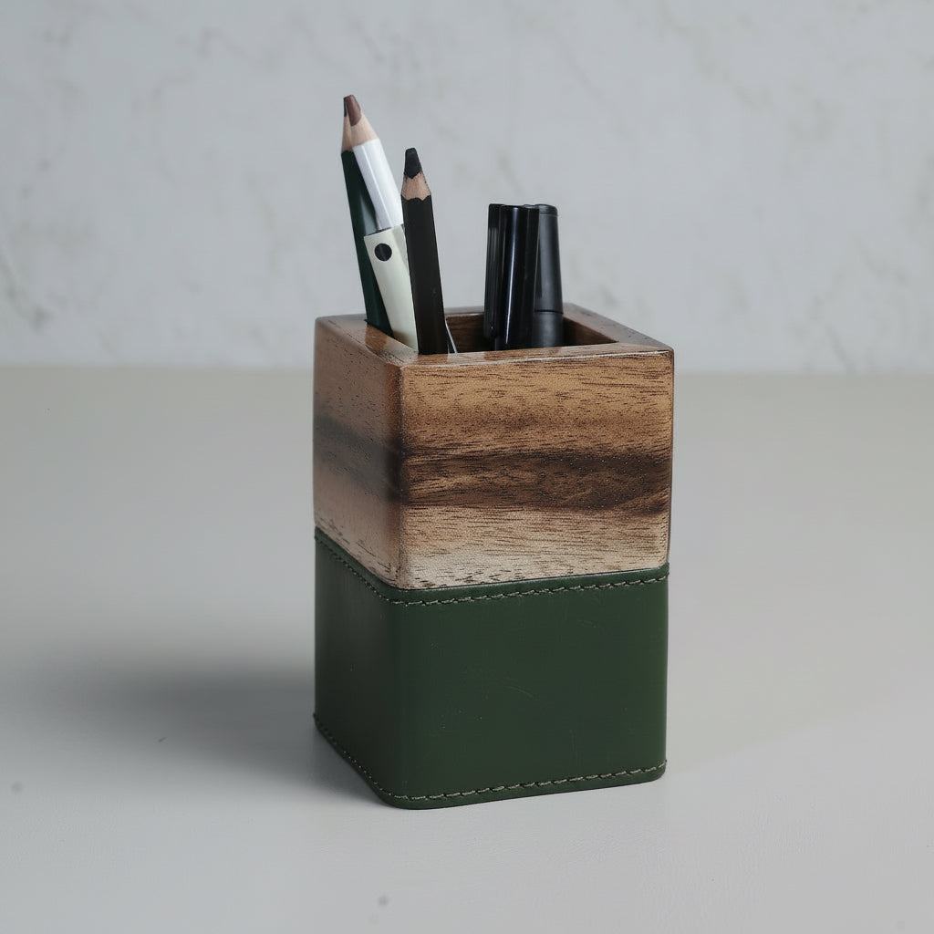 Lekhana Wood & Vegan Leather Desk Organiser