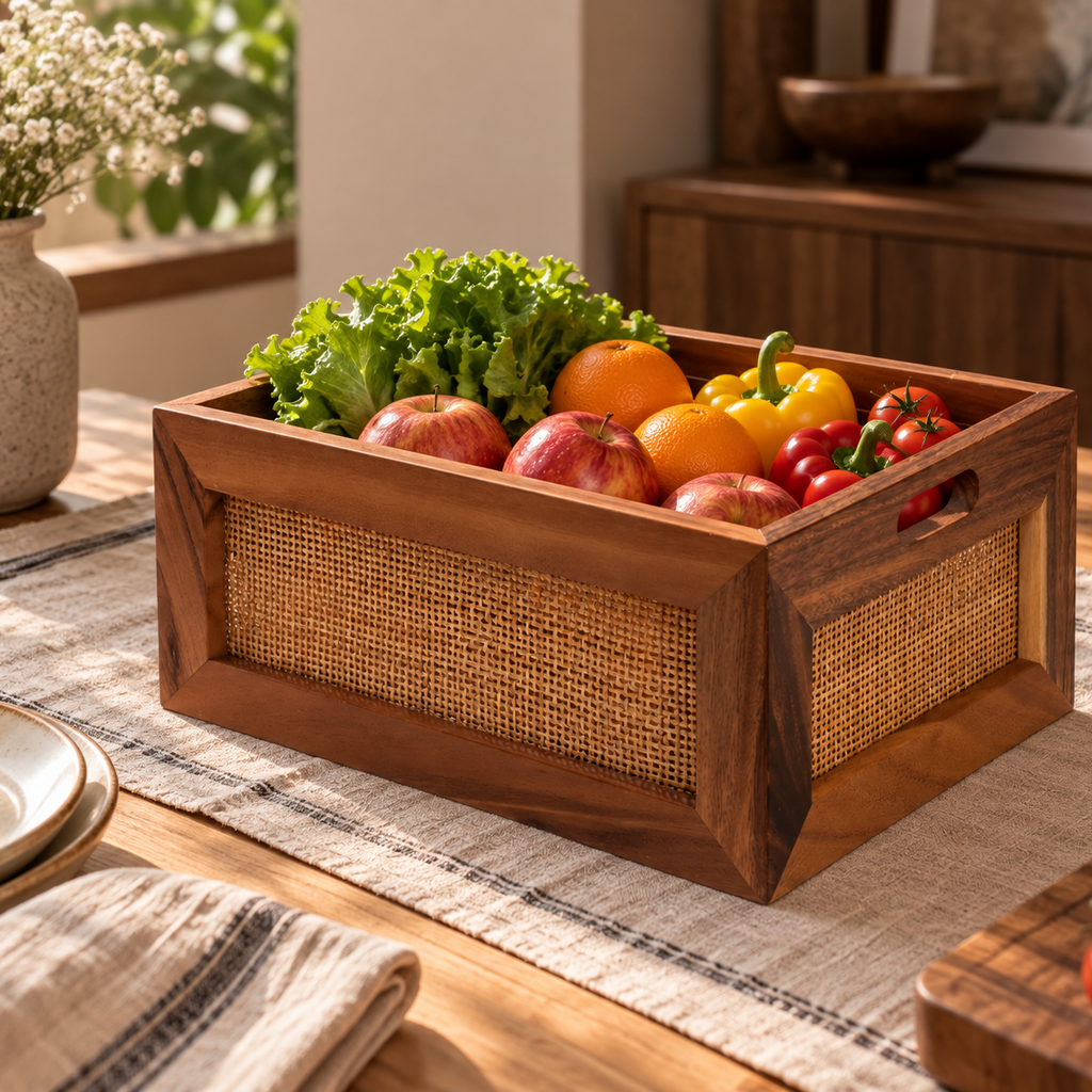 Wooden Storage Basket with Rattan Cane- Kosh