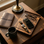 Wooden desk with a lamp, notebook, smartphone, watch, and glasses on a wooden tray.