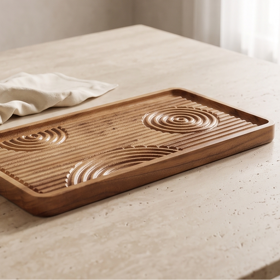A rectangular wooden tray with carved circular wave patterns and a slotted top, styled on a light stone tabletop beside a small bowl and draped fabric.