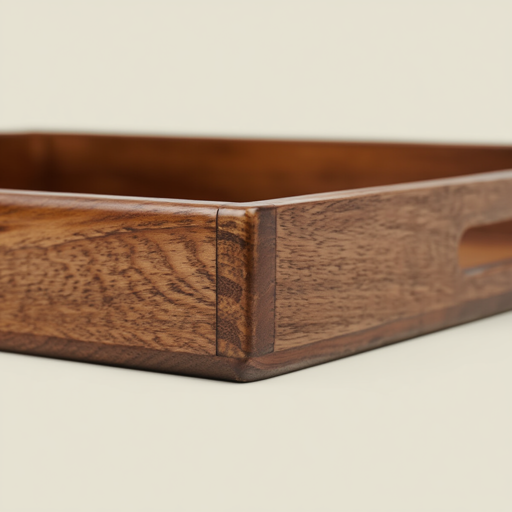 Wooden tray with a handle on a beige background