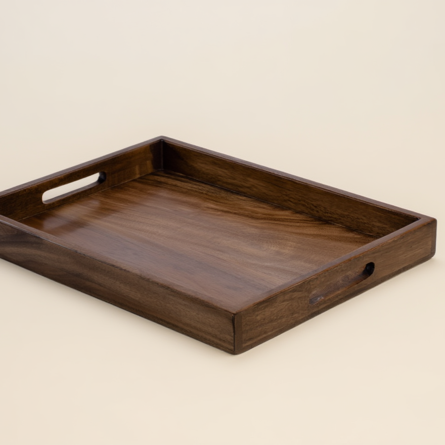 Wooden tray with handles on a beige background