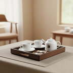 Wooden tray with handles on a beige background, branded 'Maajeees'.