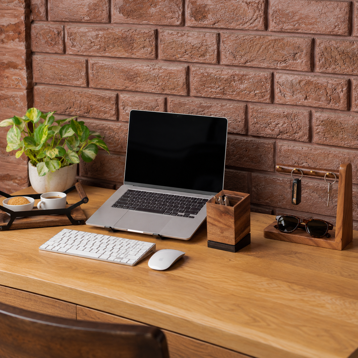 A styled wooden desk setup against a brick wall, featuring a silver laptop, white keyboard, white mouse, a wooden pen holder, sunglasses on a wooden key rack, and a small potted plant.