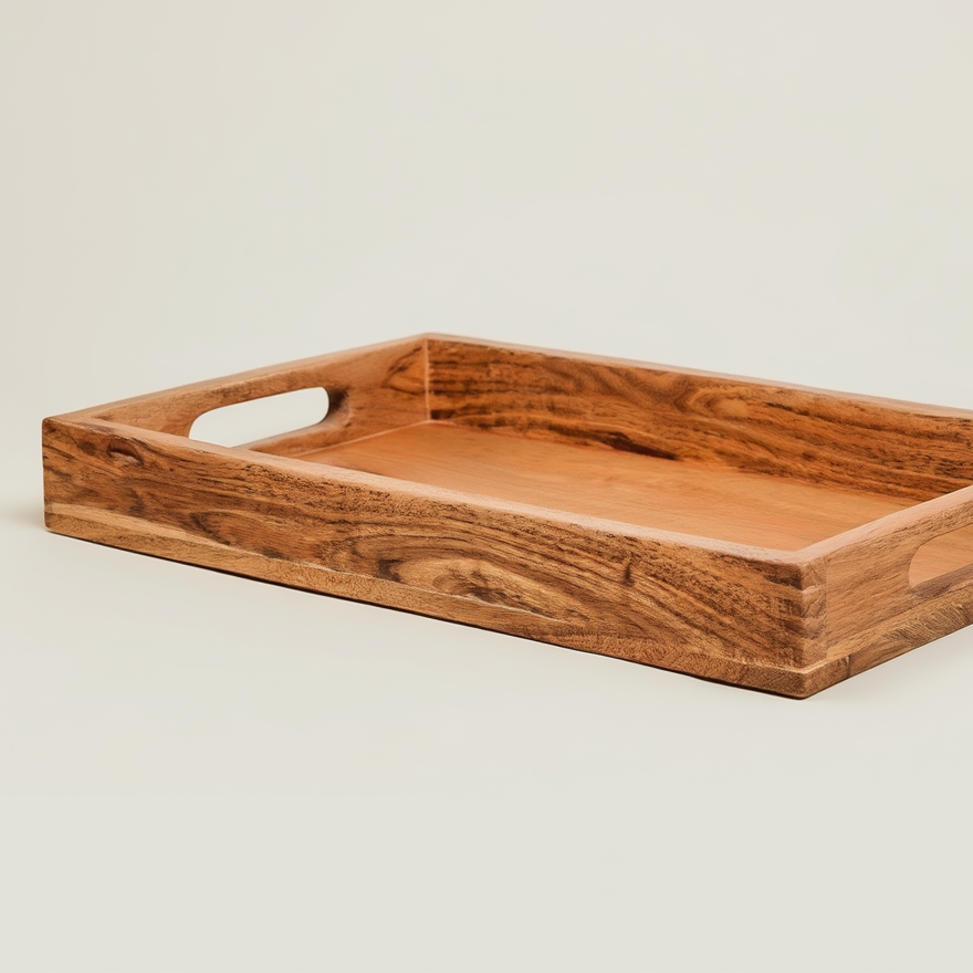Wooden tray with handles on a light beige background