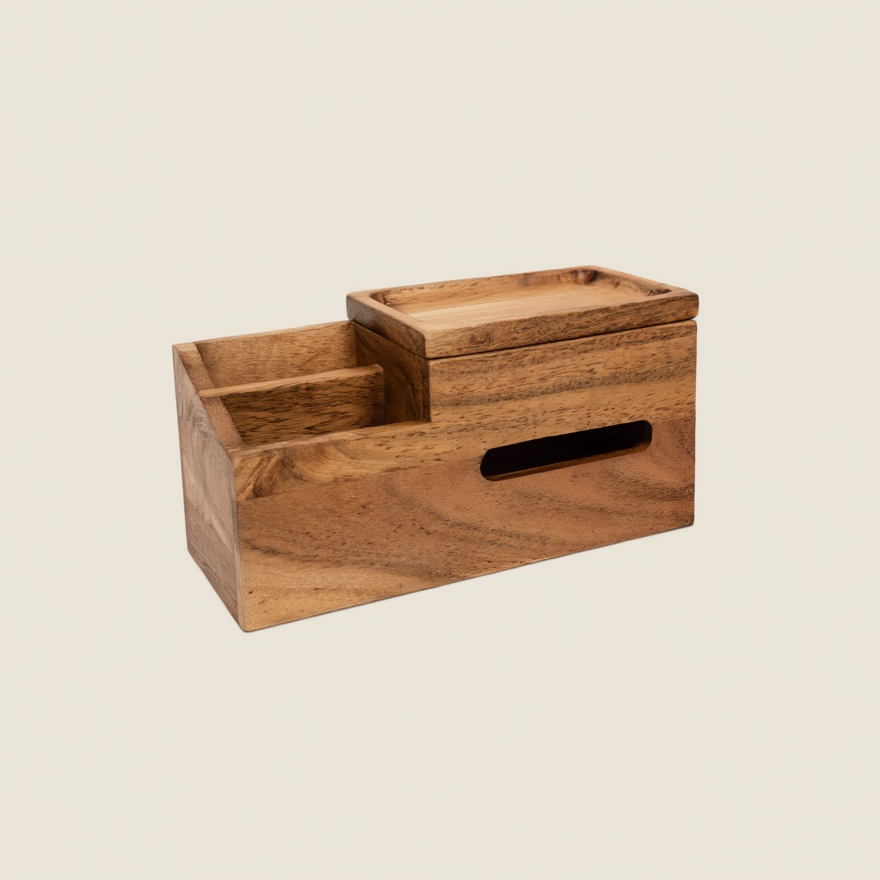 Wooden storage box with lid on a beige background