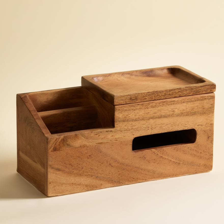 Wooden box with a lid on a beige background