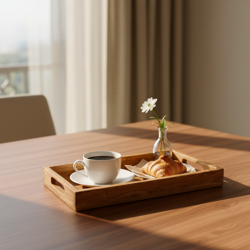 Wooden tray with handles on a beige background