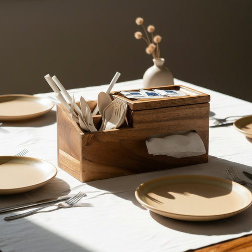 Wooden utensil holder with cutlery, napkins, and cards on a table setting.